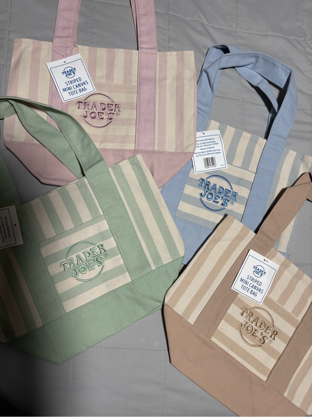 Trader Joe’s Pastel Stripe Mini Tote Bag - Pink, Mint, Blue, Tan - Bundle of 4